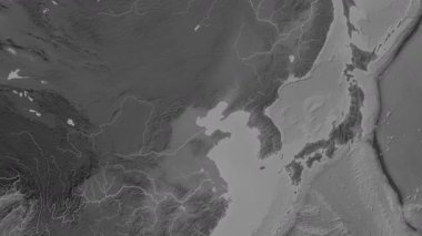 Bohai Denizi. Patterson silindirik projeksiyonundaki gri ölçekli yükseklik haritasında konum diyagramı