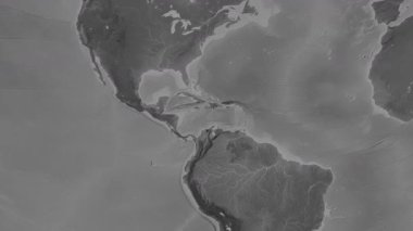 Karayip Denizi. Patterson silindirik projeksiyonundaki gri ölçekli yükseklik haritasında konum diyagramı