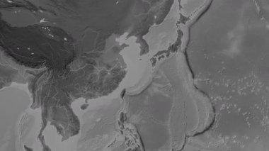 Doğu Çin Denizi. Patterson silindirik projeksiyonundaki gri ölçekli yükseklik haritasında konum diyagramı