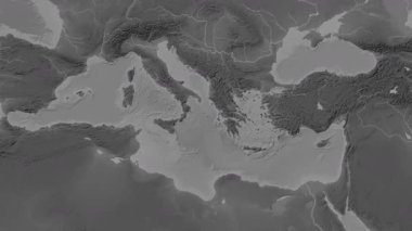 İyon Denizi. Patterson silindirik projeksiyonundaki gri ölçekli yükseklik haritasında konum diyagramı