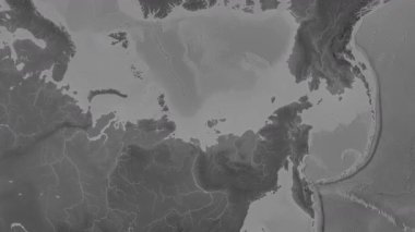 Laptev Denizi. Patterson silindirik projeksiyonundaki gri ölçekli yükseklik haritasında konum diyagramı