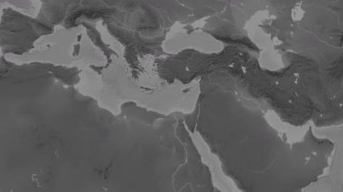 Levantine Denizi. Patterson silindirik projeksiyonundaki gri ölçekli yükseklik haritasında konum diyagramı