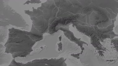 Ligurian Denizi. Patterson silindirik projeksiyonundaki gri ölçekli yükseklik haritasında konum diyagramı