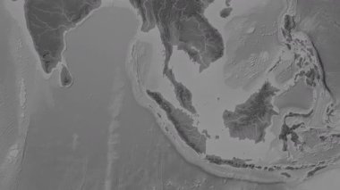 Malacca Boğazı. Patterson silindirik projeksiyonundaki gri ölçekli yükseklik haritasında konum diyagramı