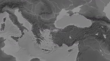 Marmara Denizi. Patterson silindirik projeksiyonundaki gri ölçekli yükseklik haritasında konum diyagramı