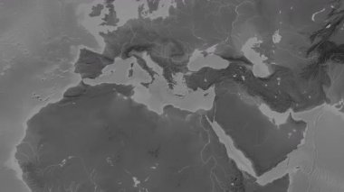 Akdeniz - Doğu Havzası, alt havzalar hariç. Patterson silindirik projeksiyonundaki gri ölçekli yükseklik haritasında konum diyagramı