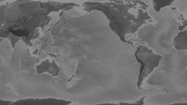 Pasifik Okyanusu, alt havzalar hariç. Patterson silindirik projeksiyonundaki gri ölçekli yükseklik haritasında konum diyagramı