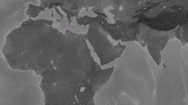 Kızıl Deniz. Patterson silindirik projeksiyonundaki gri ölçekli yükseklik haritasında konum diyagramı