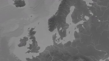 Skagerrak. Patterson silindirik projeksiyonundaki gri ölçekli yükseklik haritasında konum diyagramı