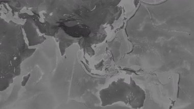 Alt havzalar hariç Güney Çin Denizi. Patterson silindirik projeksiyonundaki gri ölçekli yükseklik haritasında konum diyagramı