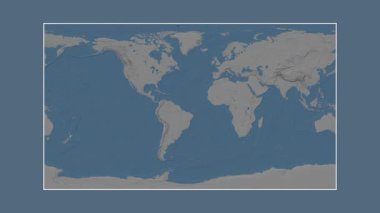 Atlantik Okyanusu. Patterson silindirik projeksiyonunda mavi ve gri renkli yükseklik haritasına yakın plan