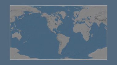 Karayip Denizi. Patterson silindirik projeksiyonunda mavi ve gri renkli yükseklik haritasına yakın plan
