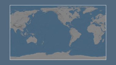 Doğu Pasifik Okyanusu. Patterson silindirik projeksiyonunda mavi ve gri renkli yükseklik haritasına yakın plan