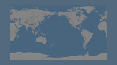 Pasifik Okyanusu. Patterson silindirik projeksiyonunda mavi ve gri renkli yükseklik haritasına yakın plan