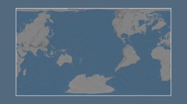 Güney Pasifik Okyanusu. Patterson silindirik projeksiyonunda mavi ve gri renkli yükseklik haritasına yakın plan