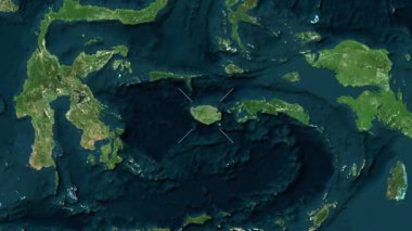 Buru Adası - Endonezya yakın çekim - uydu. Parıltı. Etiketler.