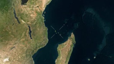 Comoros Adaları 'na yakın uydu görüntüleri. Parıltı. Etiketler.