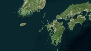 Hirado Adası - Japonya yakın çekim - uydu. Parıltı. Etiketler.