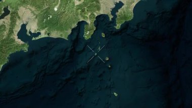 Kozu-shima Adası - Japonya yakın çekim - uydu. Parıltı. Etiketler.