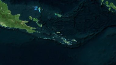 Misima Adası - Papua Yeni Gine yakın çekim - uydu. Parıltı. Etiketler.