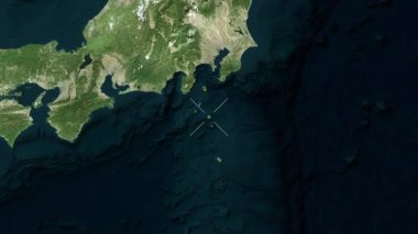 Miyake Adası - Japonya yakın çekim - uydu. Önizleme. Parıltı. Etiketler.