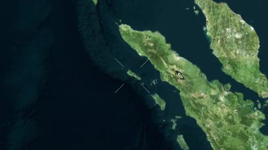 Simeulue Adası, Endonezya yakın çekim uydusu. Parıltı. Etiketler.