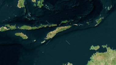 Timor Adası - Endonezya yakın çekim - uydu. Parıltı. Etiketler.