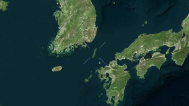 Tsushima Adası - Japonya yakın çekim - uydu. Önizleme. Parıltı. Etiketler.