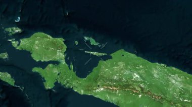 Yapen Adası - Endonezya yakın çekim - uydu. Parıltı. Etiketler.