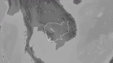 Kamboçya haritası - yakınlaştır. Sınır. Gri Tonlama.