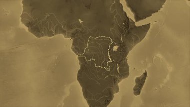 Demokratik Kongo Cumhuriyeti haritası - zoom. Sınır. Sepya.