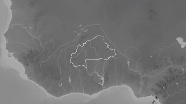 Burkina Faso haritası - yakınlaştır. Bölgeler. Gri Tonlama.