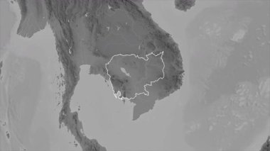 Kamboçya haritası - yakınlaştır. Bölgeler. Gri Tonlama.
