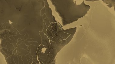Etiyopya haritası - özüt. Sınır. Sepia. Etiketler