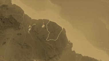 Fransız Guyanası haritası - yakınlaştır. Sınır. Sepya.