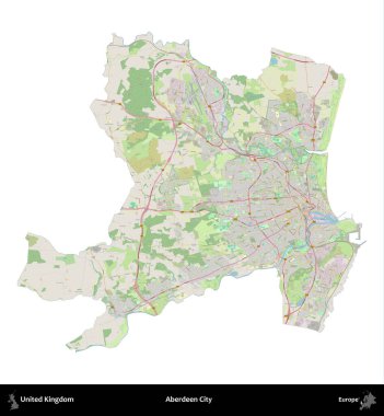 Aberdeen Şehri. Birleşik Krallık 'ın idari alanı bir OpenStreetMap Alman stili haritasında beyazda izole edildi