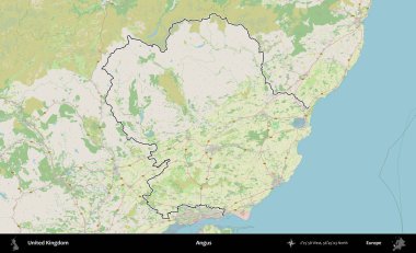 Angus. Bir OpenStreetMap Alman stil haritasında Birleşik Krallık 'ın özetlenmiş idari alanı