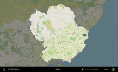 Angus. Birleşik Krallık 'ın idari alanı karartılmış bir OpenStreetMap tarzı Alman haritasına vurgulanmış ve özetlenmiştir