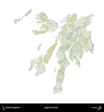 Argyll ve Bute. Birleşik Krallık 'ın idari alanı bir OpenStreetMap Alman stili haritasında beyazda izole edildi