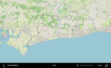 Arun. Bir OpenStreetMap Alman stil haritasında Birleşik Krallık 'ın özetlenmiş idari alanı