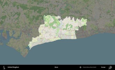Arun. Birleşik Krallık 'ın idari alanı karartılmış bir OpenStreetMap tarzı Alman haritasına vurgulanmış ve özetlenmiştir