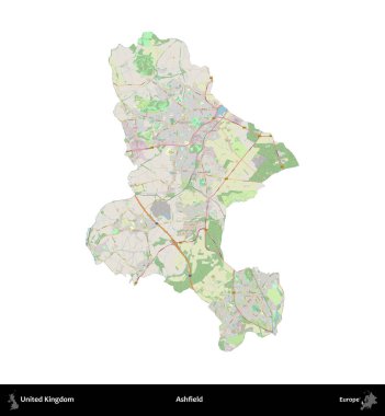Ashfield. Birleşik Krallık 'ın idari alanı bir OpenStreetMap Alman stili haritasında beyazda izole edildi