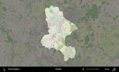 Ashfield. Birleşik Krallık 'ın idari alanı karartılmış bir OpenStreetMap tarzı Alman haritasına vurgulanmış ve özetlenmiştir