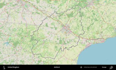 Ashford. Bir OpenStreetMap Alman stil haritasında Birleşik Krallık 'ın özetlenmiş idari alanı