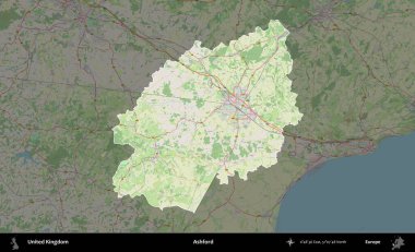 Ashford. Birleşik Krallık 'ın idari alanı karartılmış bir OpenStreetMap tarzı Alman haritasına vurgulanmış ve özetlenmiştir