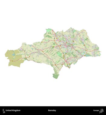 Barnsley. Birleşik Krallık 'ın idari alanı bir OpenStreetMap Alman stili haritasında beyazda izole edildi