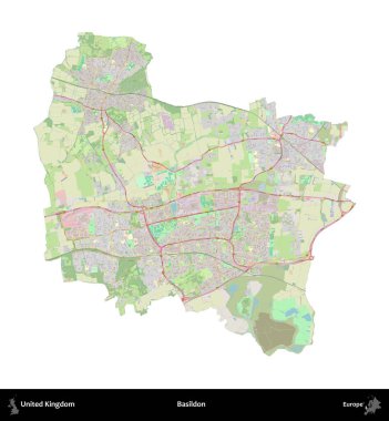 Basildon. Birleşik Krallık 'ın idari alanı bir OpenStreetMap Alman stili haritasında beyazda izole edildi