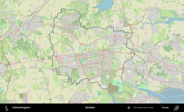 Basildon. Bir OpenStreetMap Alman stil haritasında Birleşik Krallık 'ın özetlenmiş idari alanı