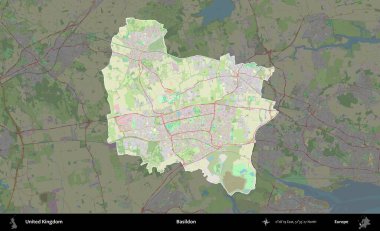 Basildon. Birleşik Krallık 'ın idari alanı karartılmış bir OpenStreetMap tarzı Alman haritasına vurgulanmış ve özetlenmiştir