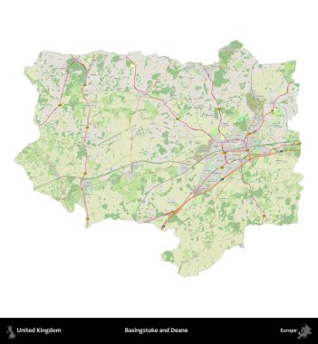 Basingstoke ve Deane. Birleşik Krallık 'ın idari alanı bir OpenStreetMap Alman stili haritasında beyazda izole edildi